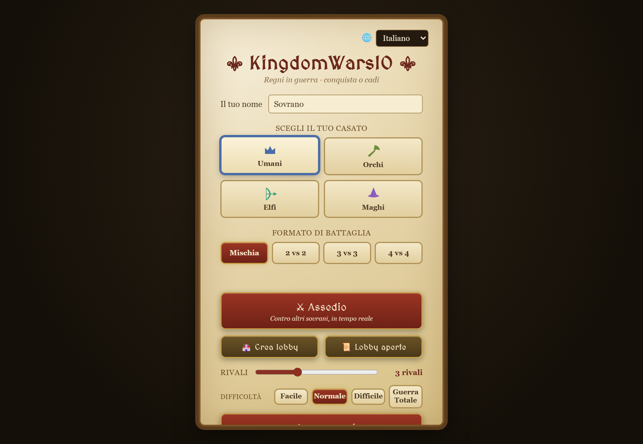 Menu principale di KingdomWarsIO